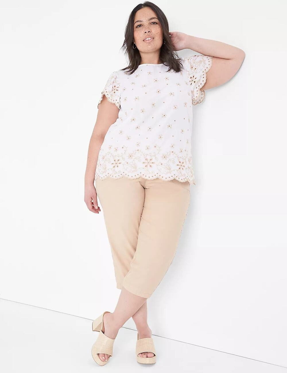 Lane Bryant Floral Top White Embroidered Eyelet Scallop Hem Button Sz 22/24v